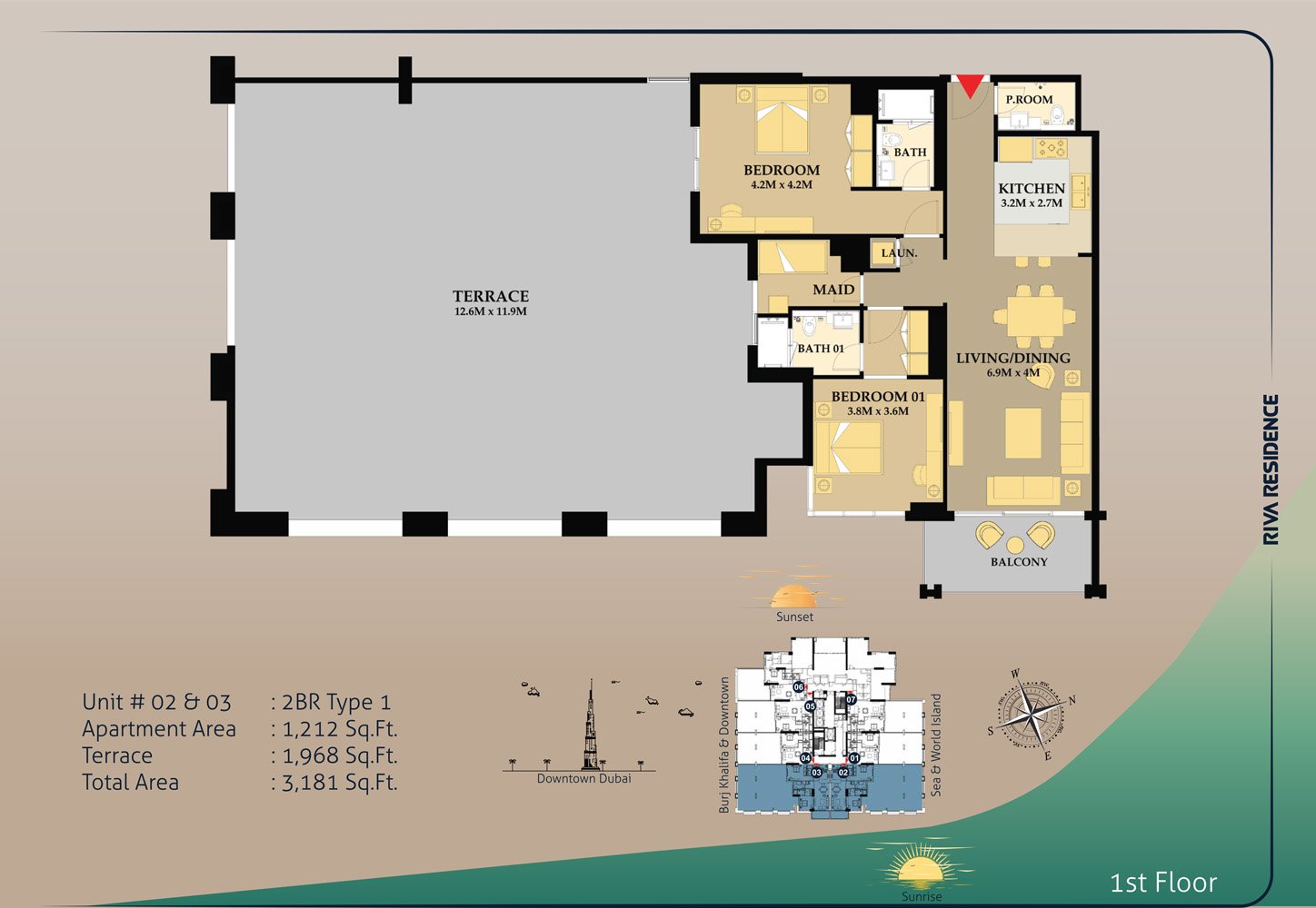 2 Bedrooms + Maid floor plan