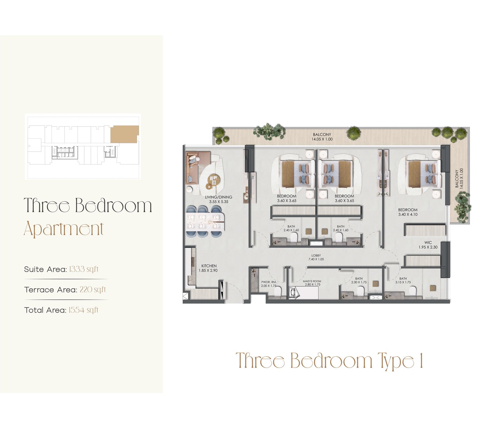 3 Bedrooms + Maid floor plan