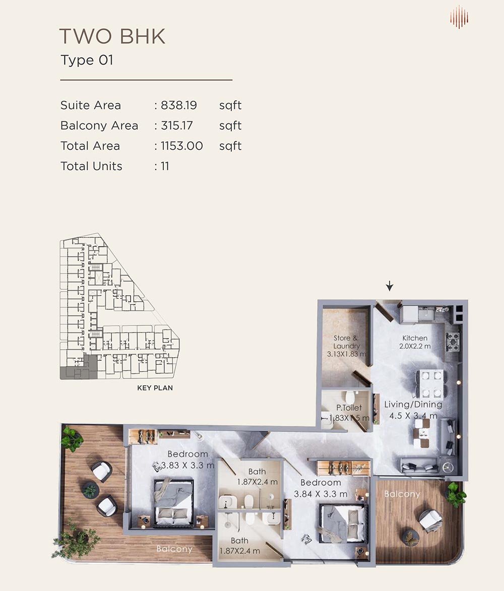 2 Bedrooms floor plan