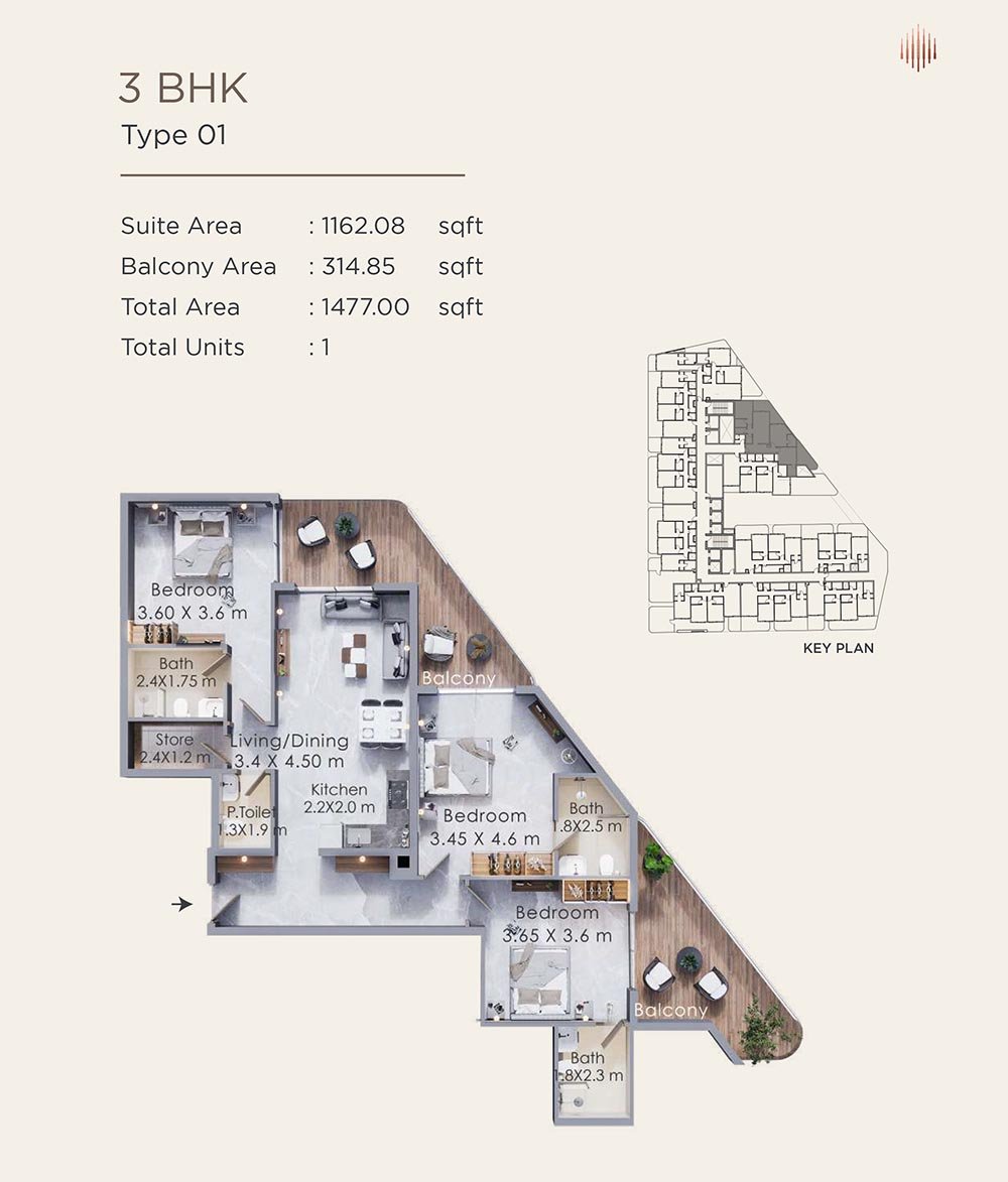 3 Bedrooms floor plan