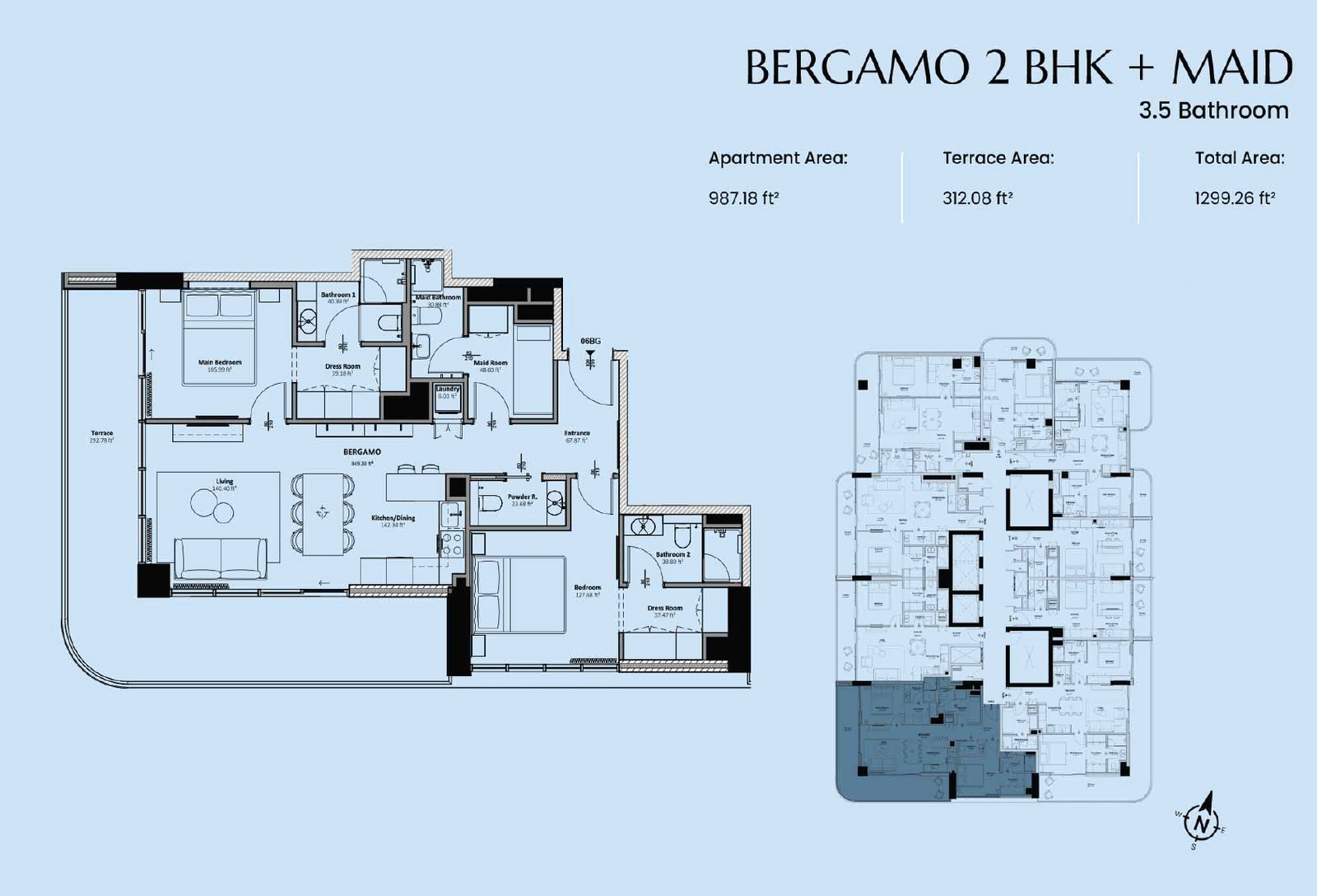2 Bedrooms + Maid floor plan