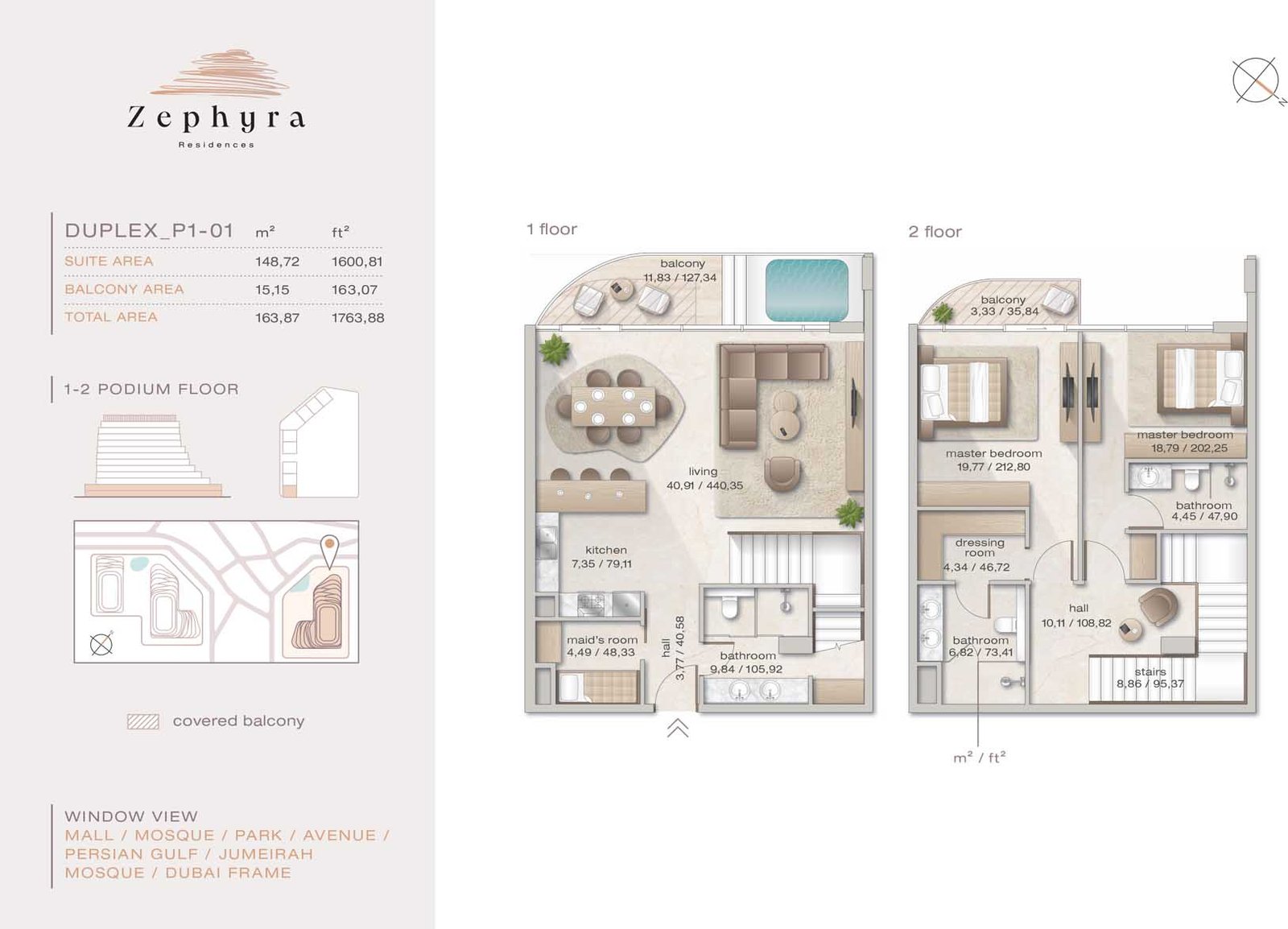2 Bedroom + Pool + Maid floor plan