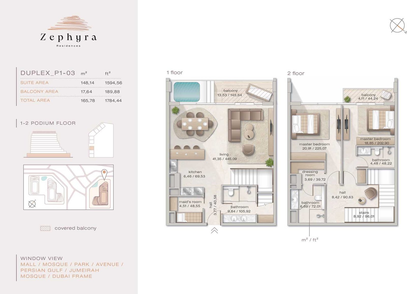 2 Bedroom + Pool + Maid floor plan