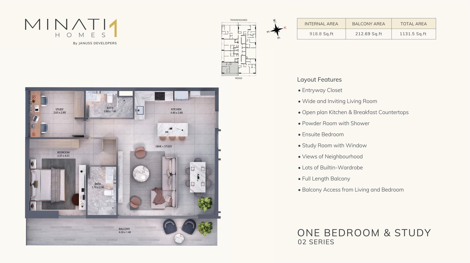 1 Bedroom + Study floor plan