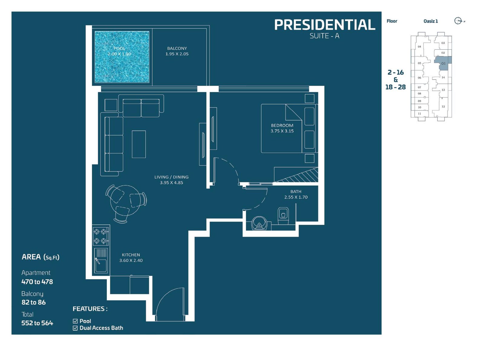 1 Bedroom + Pool floor plan