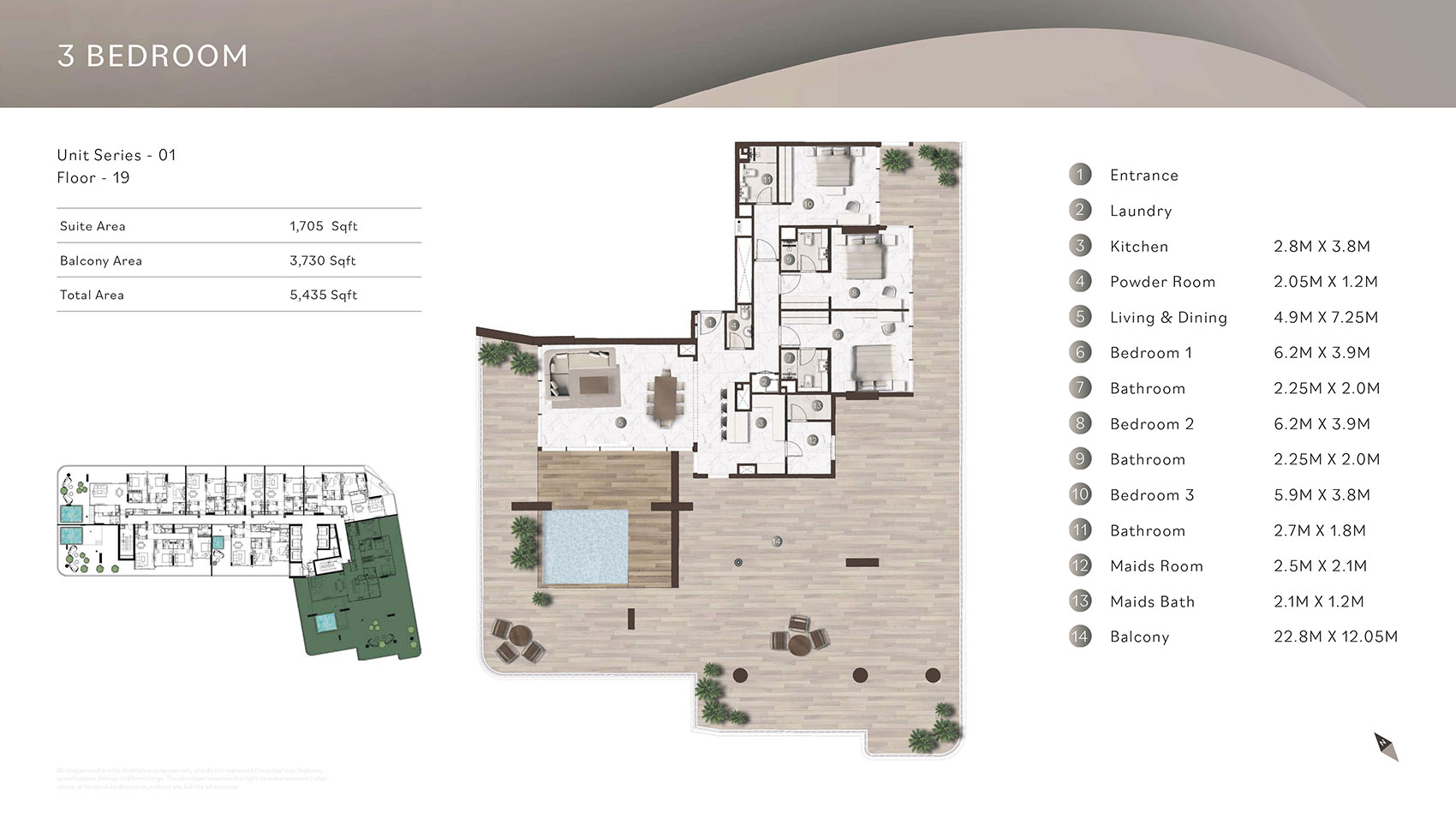 3 Bedroom + Pool + Maid floor plan