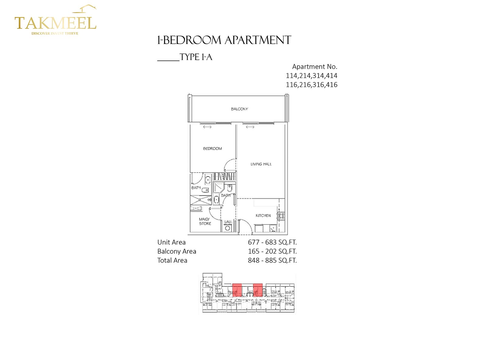 1 Bedroom + Maid floor plan
