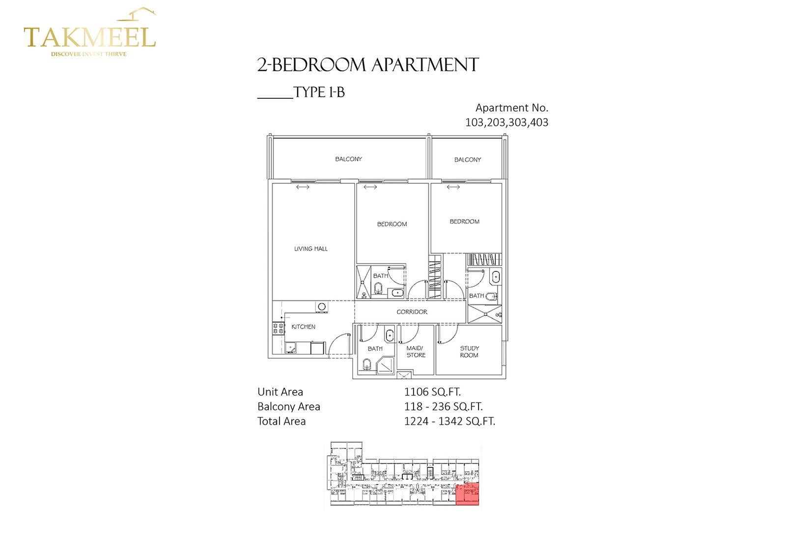2 Bedrooms + Maid floor plan