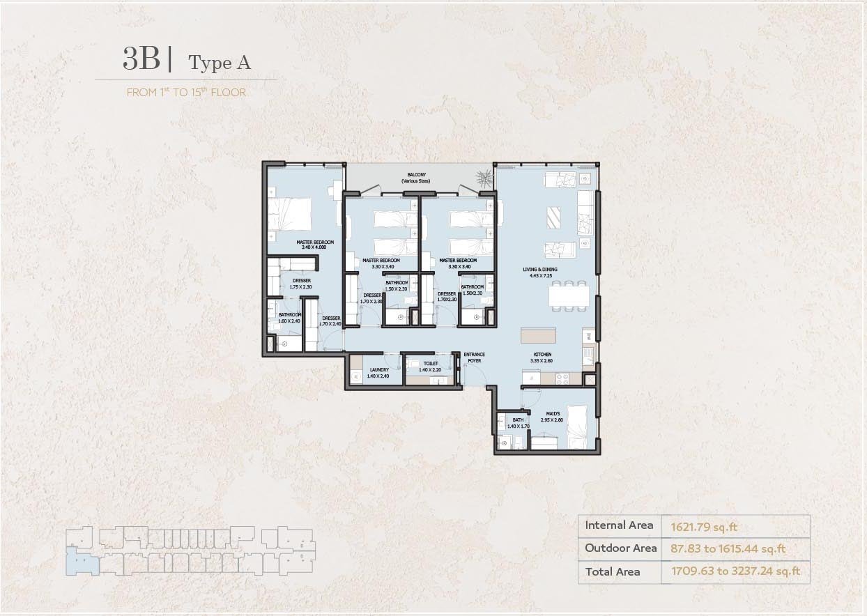 3 Bedrooms + Maid floor plan