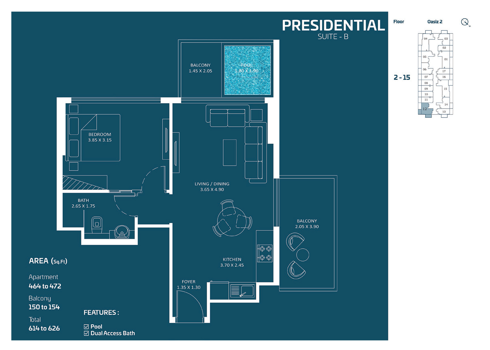 1 Bedroom + Pool floor plan