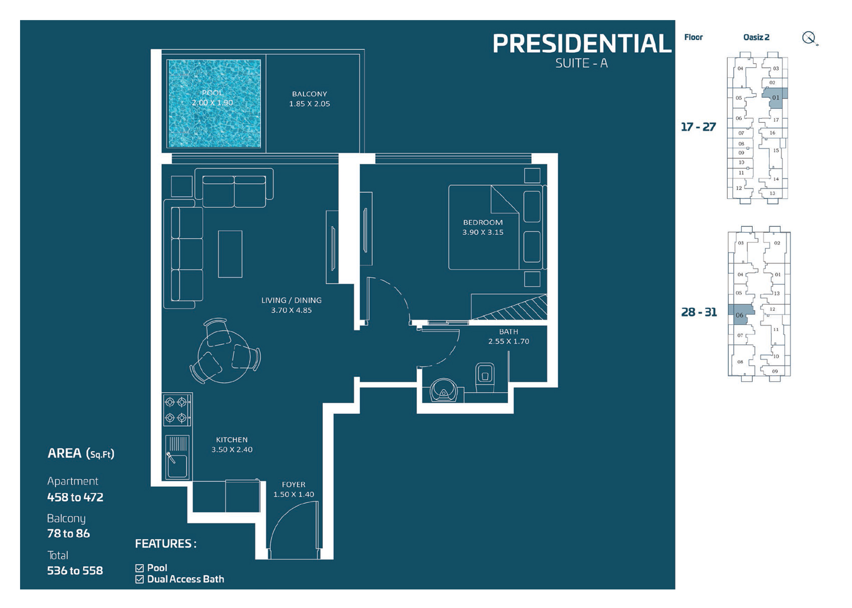 1 Bedroom + Pool floor plan