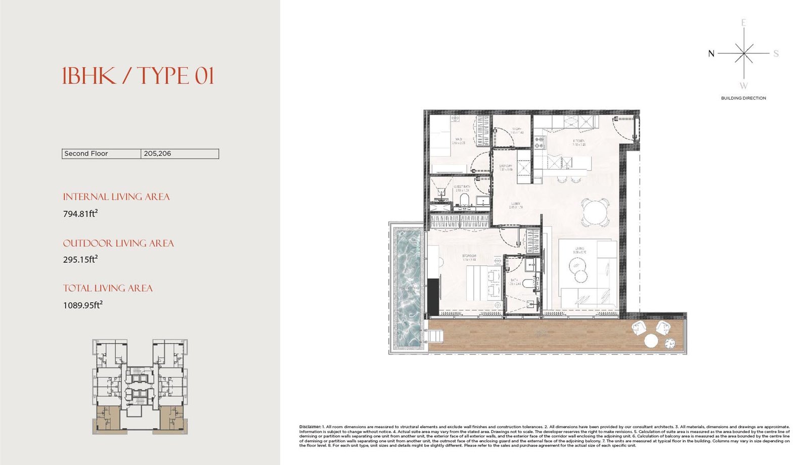 1 Bedroom + Pool + Maid floor plan