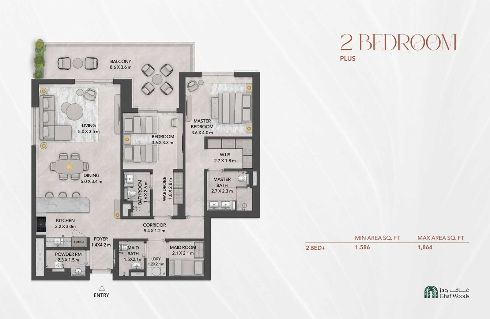 2 Bedrooms + Maid floor plan