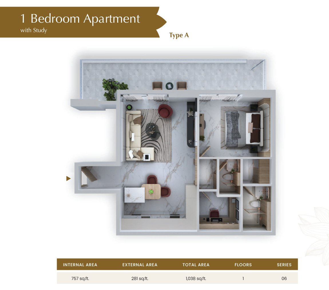 1 Bedroom + Study floor plan