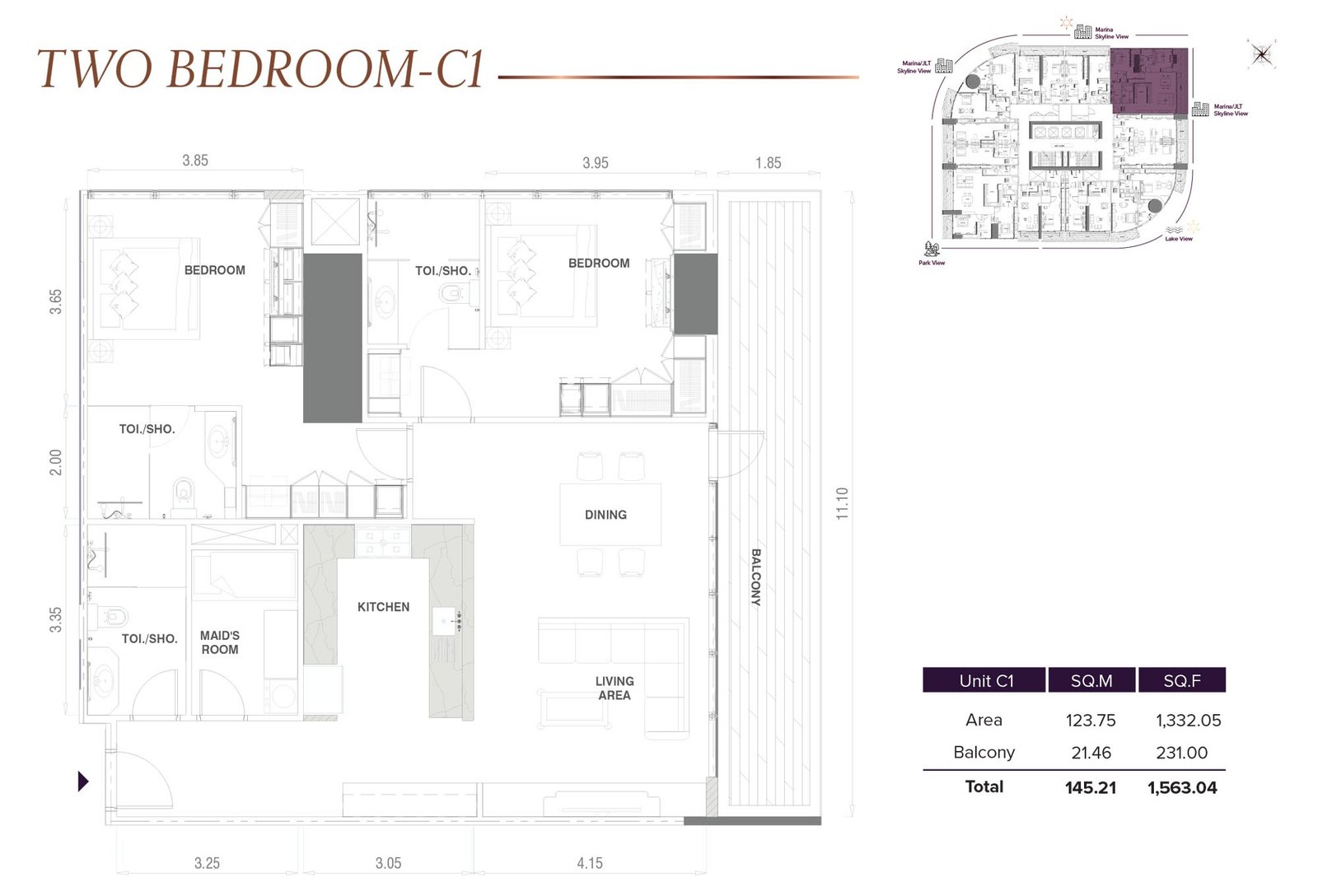 2 Bedrooms + Maid floor plan