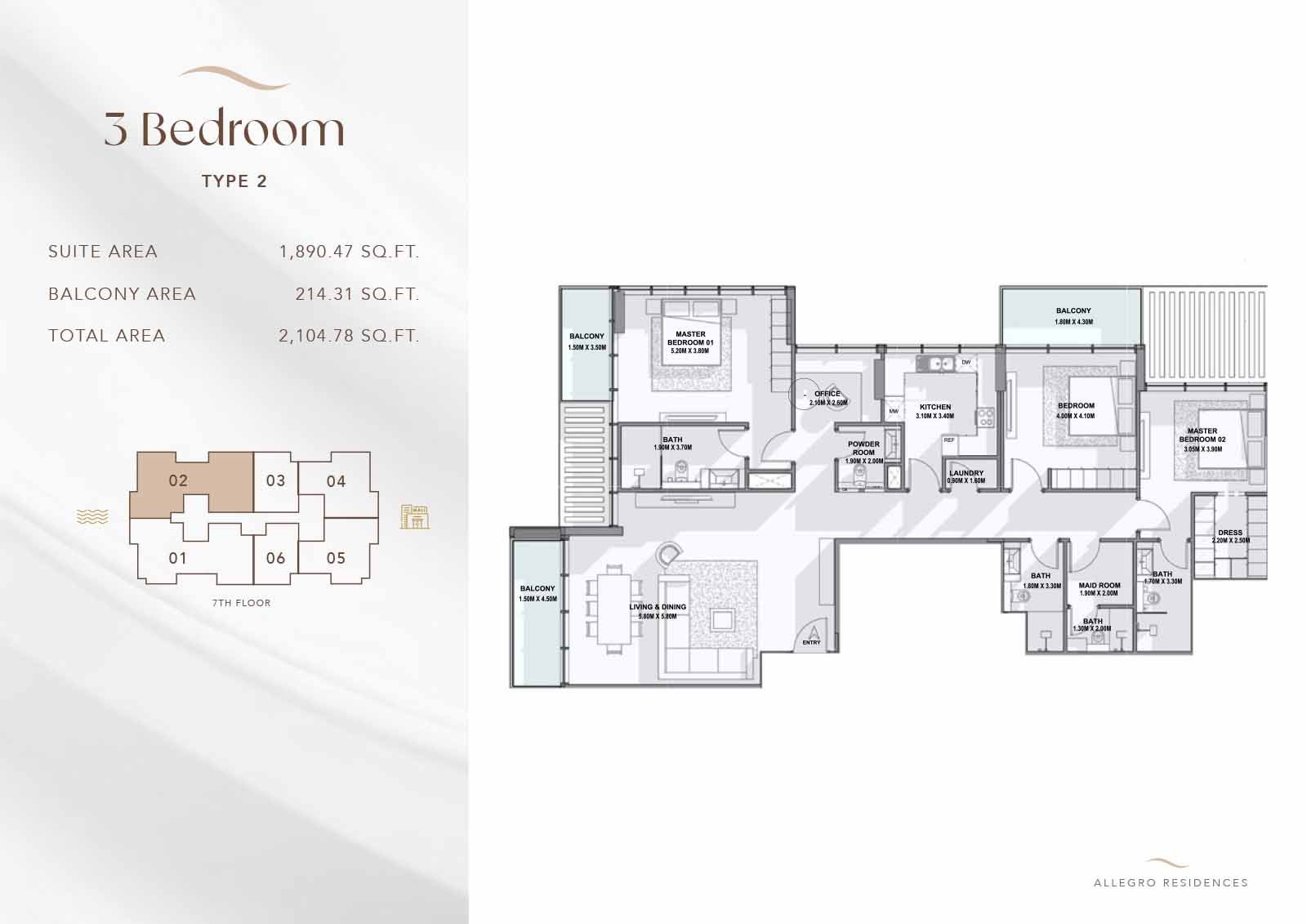 3 Bedrooms + Maid floor plan