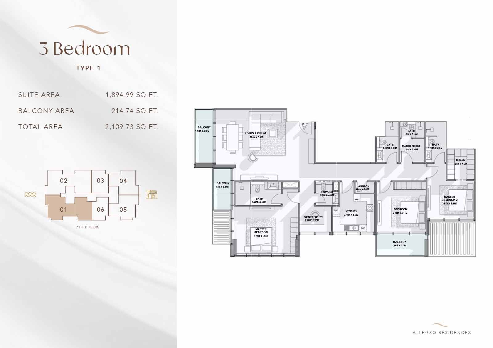 3 Bedrooms + Study + Maid floor plan