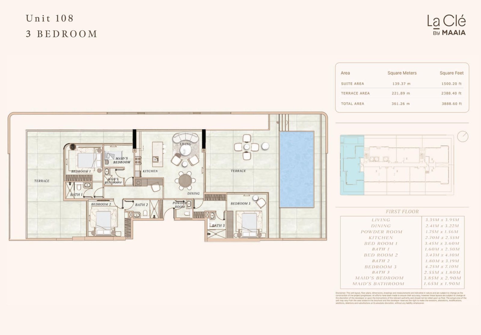 3 Bedroom + Pool + Maid floor plan
