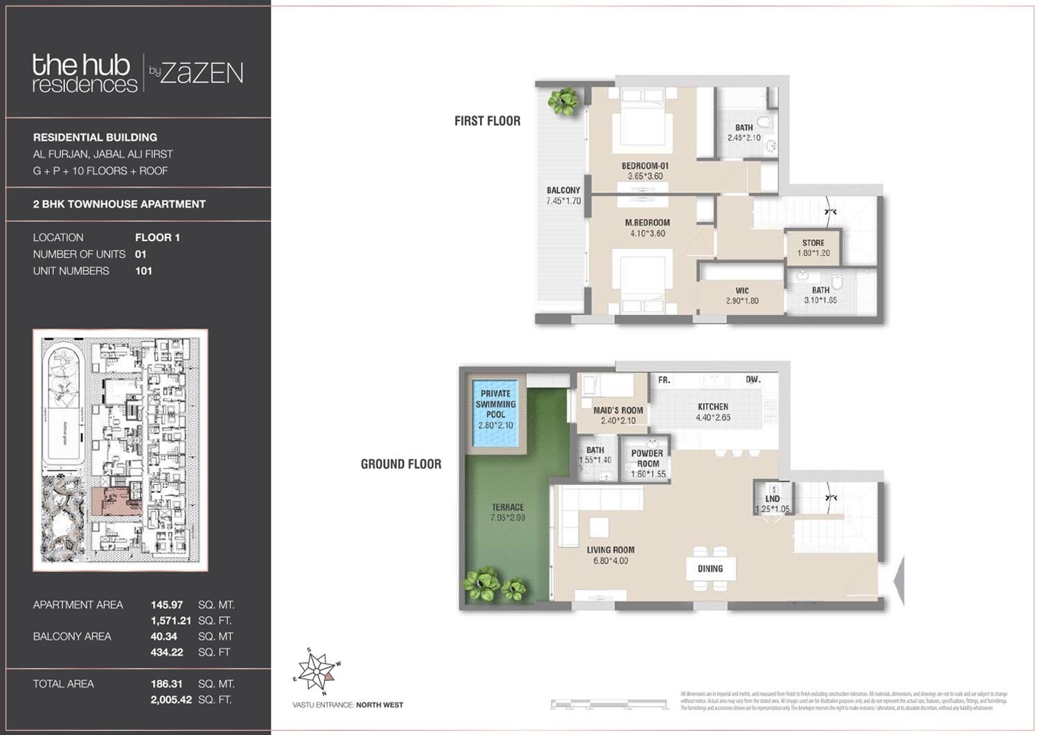 2 Bedroom + Pool + Maid floor plan