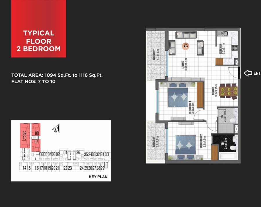 2 Bedrooms floor plan