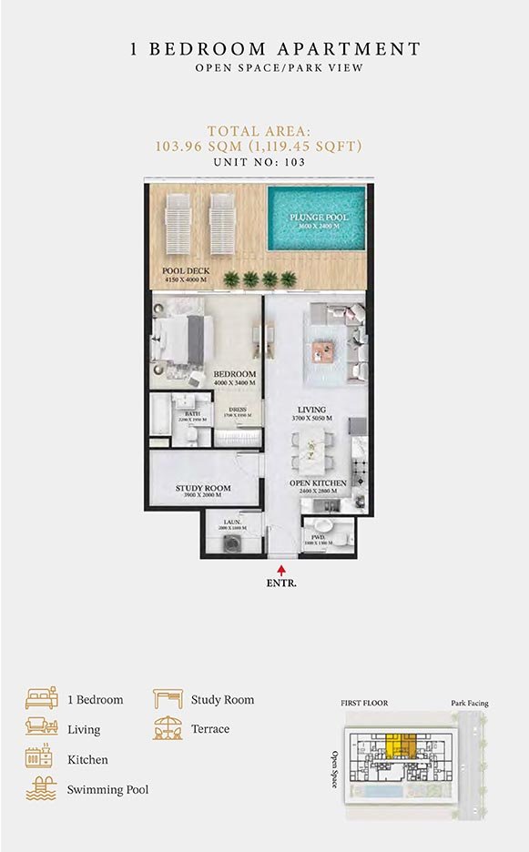 1 Bedroom + Pool + Study floor plan