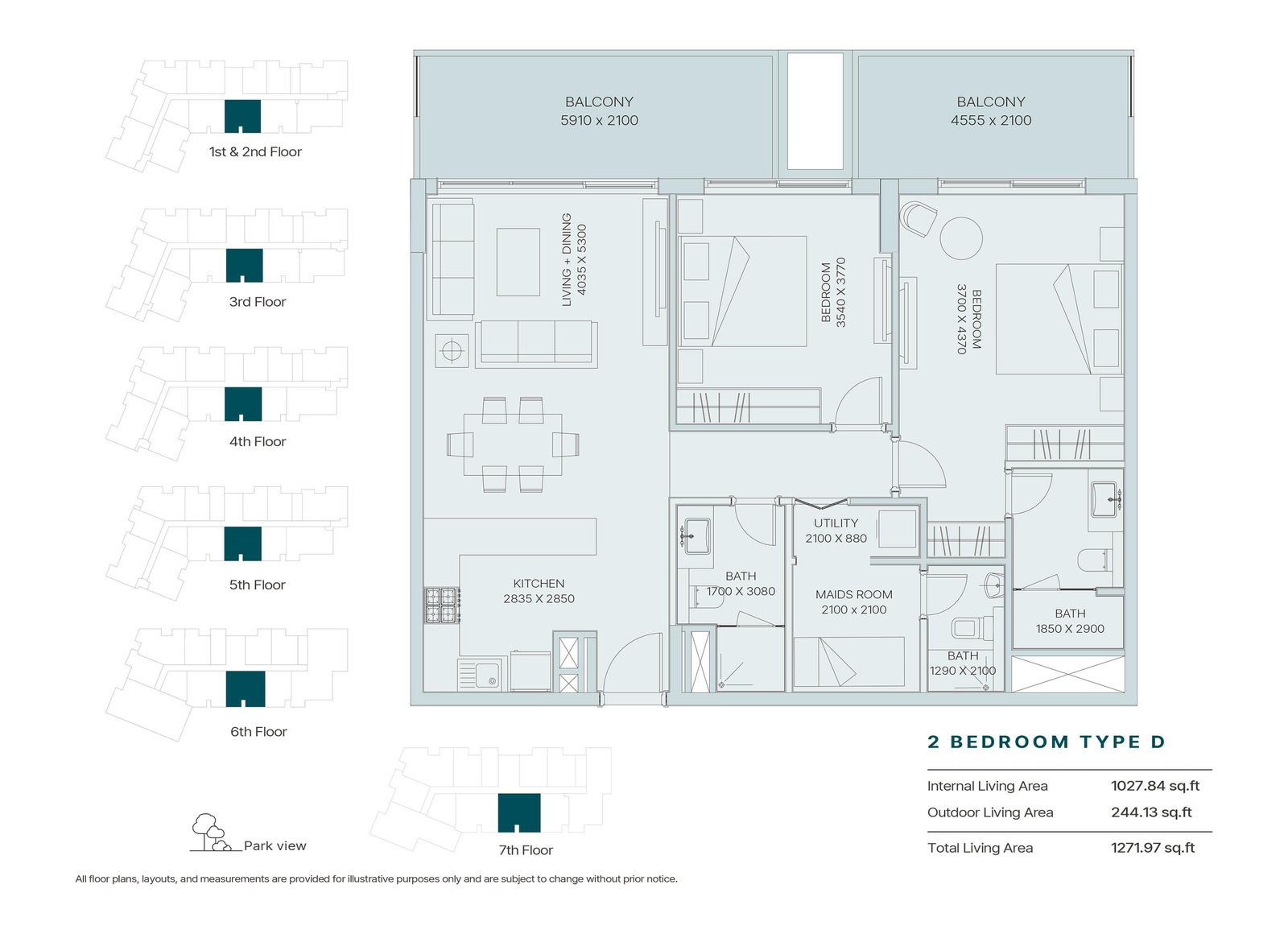 2 Bedrooms + Maid floor plan