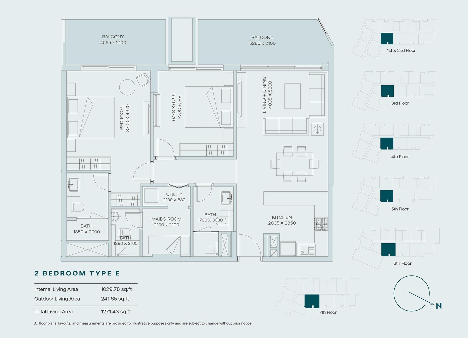 2 Bedrooms + Maid floor plan