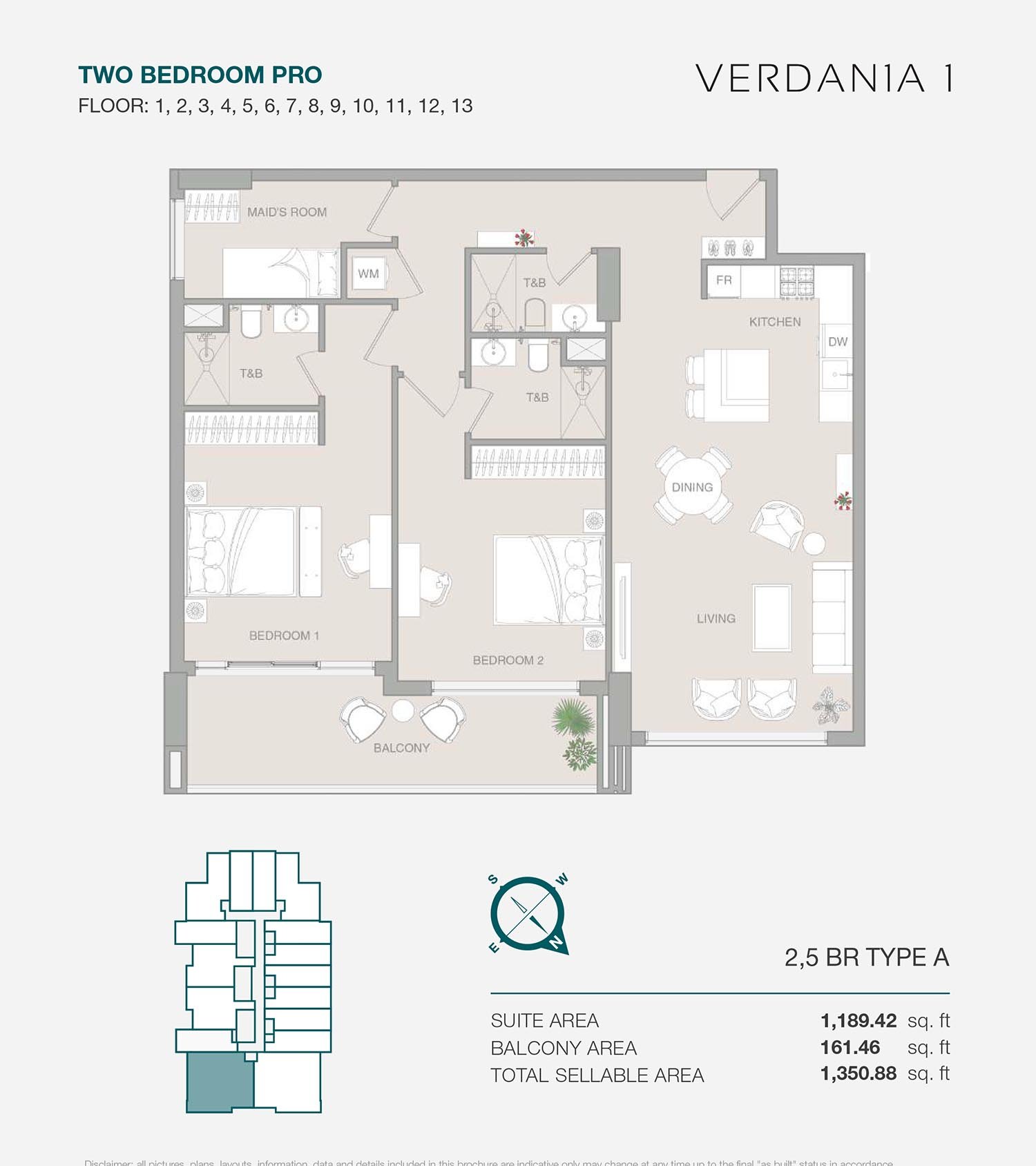 2 Bedrooms + Maid floor plan