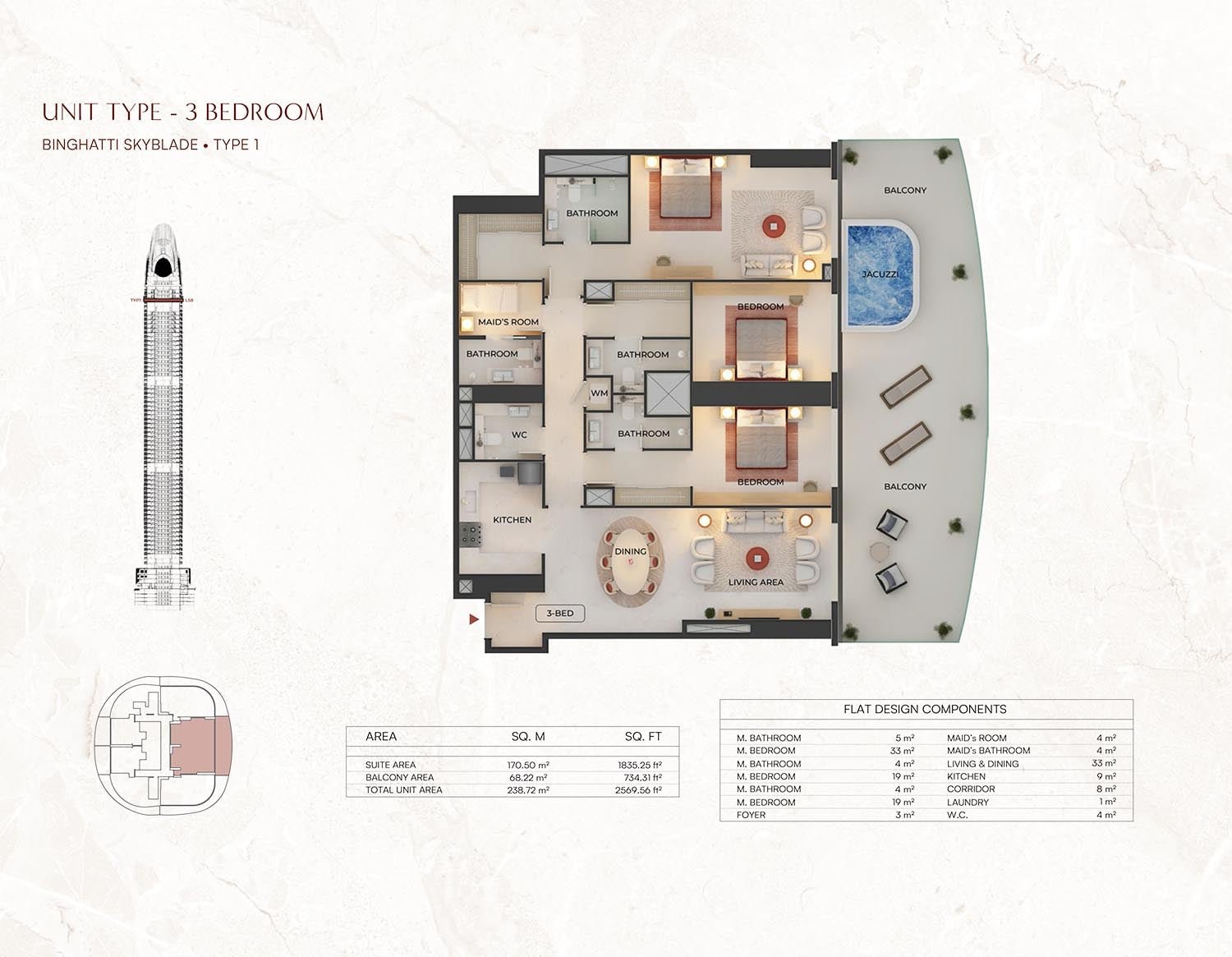 Binghatti Skyblade 3 Bedrooms + Maid Type 1 floor plan
