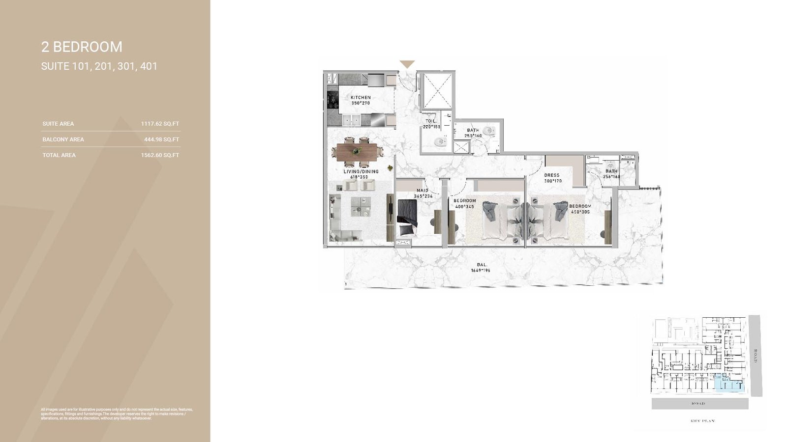 2 Bedrooms + Maid floor plan