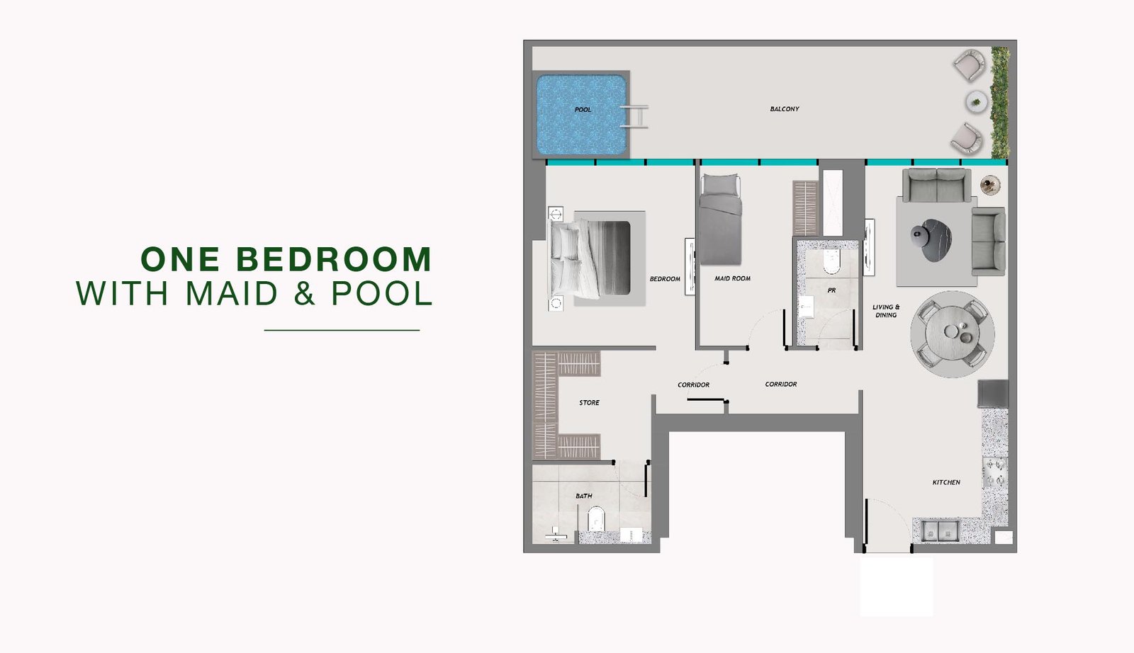 1 Bedroom + Pool + Maid floor plan