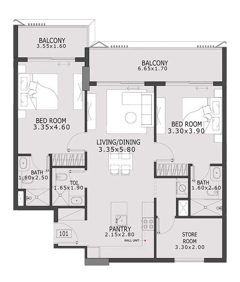 2 Bedrooms floor plan