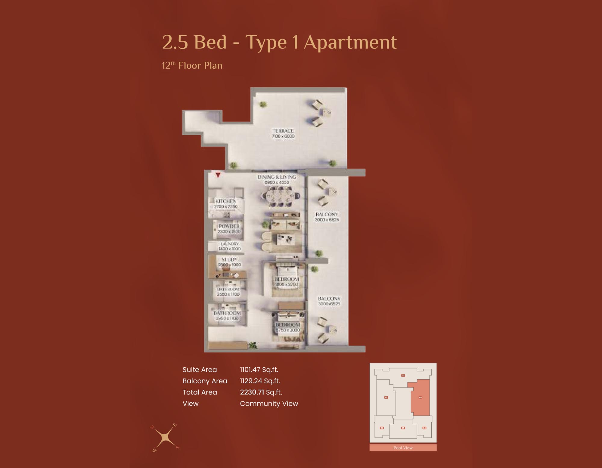 Bliss Tower Dubailand 2 Bedrooms + Study Type 1 floor plan