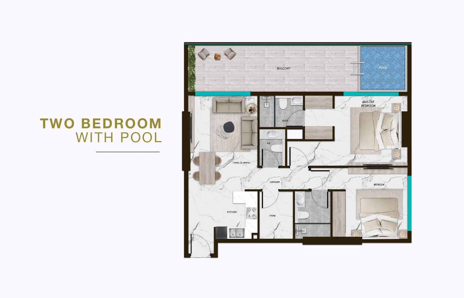2 Bedroom + Pool floor plan
