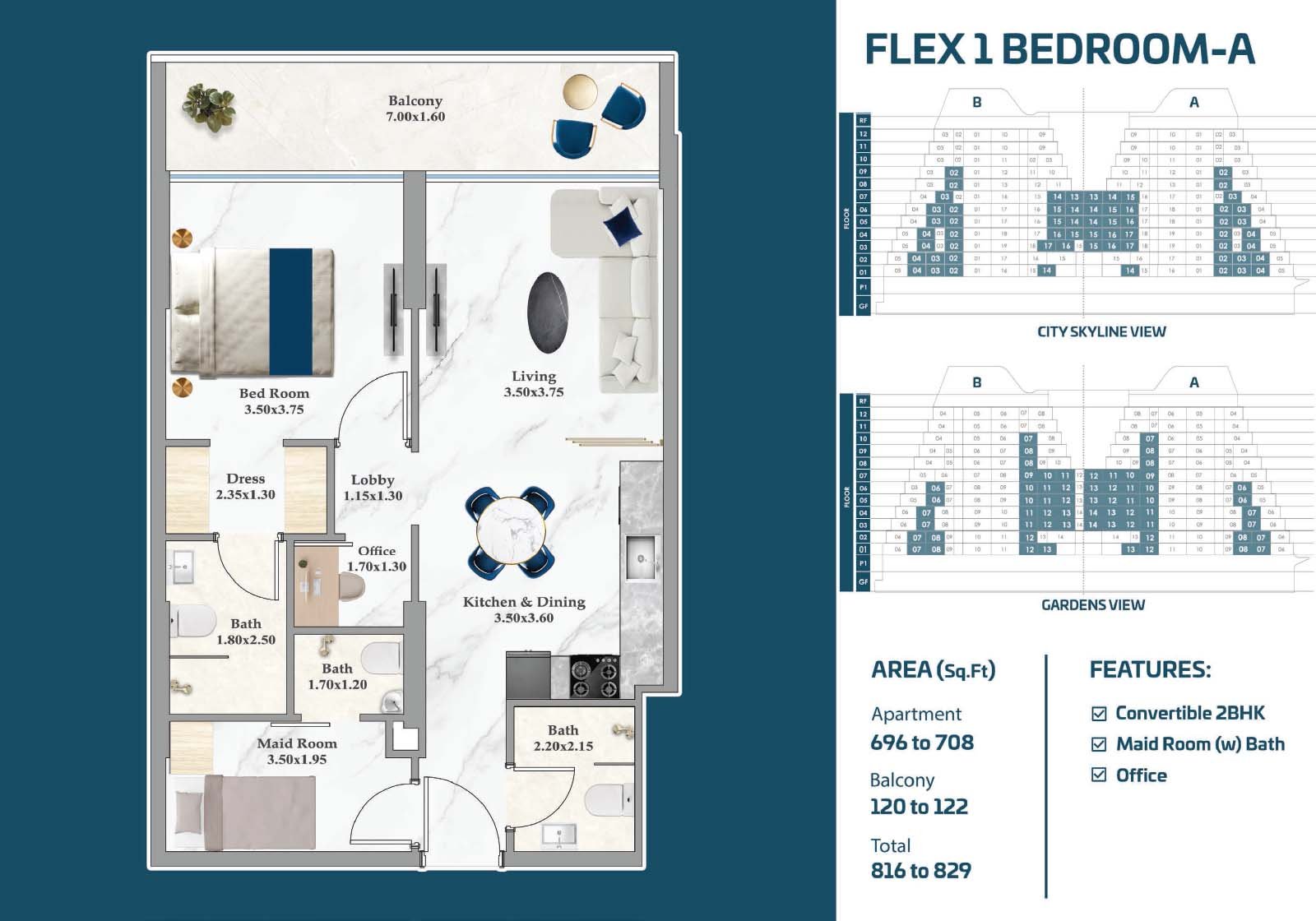 1 Bedroom + Maid floor plan