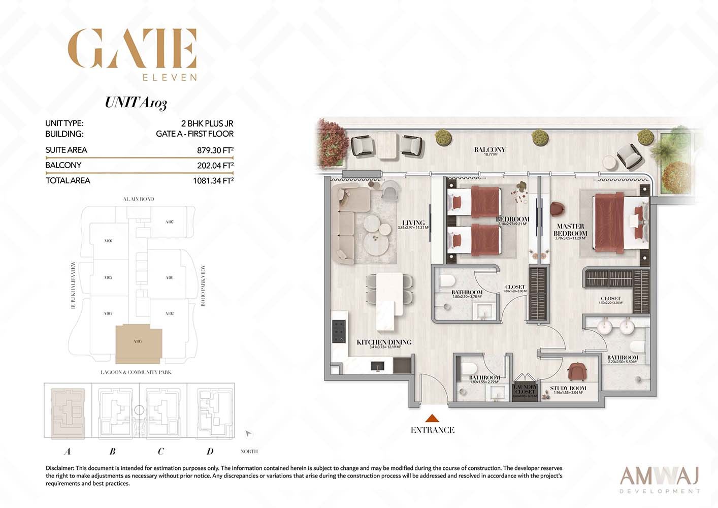 2 Bedrooms + Study floor plan