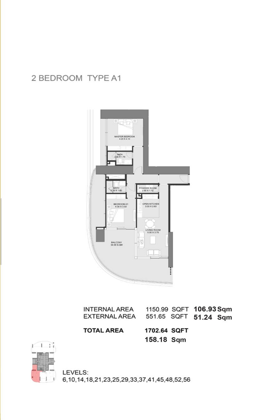 Madain Tower Dubai Marina 2 Bedrooms Type A1 floor plan