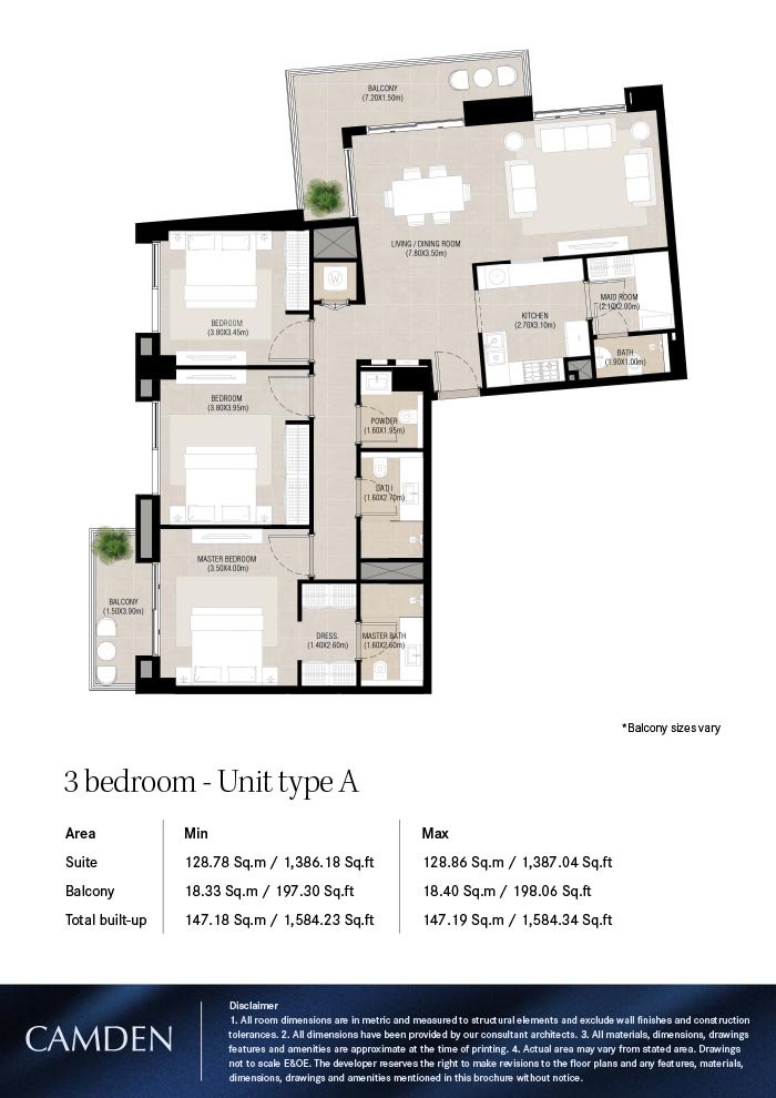 3 Bedrooms + Maid floor plan