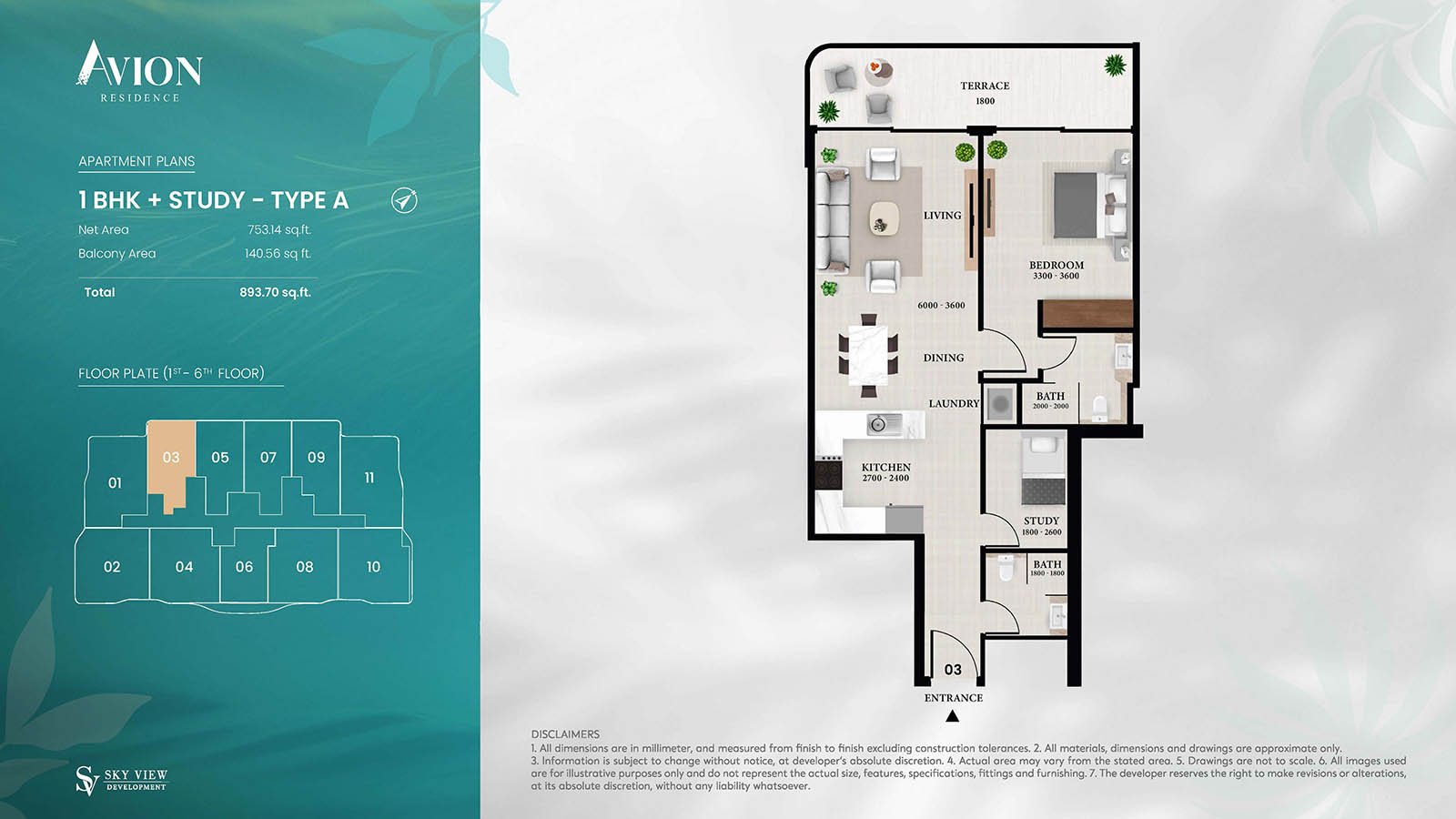 1 Bedroom + Study floor plan