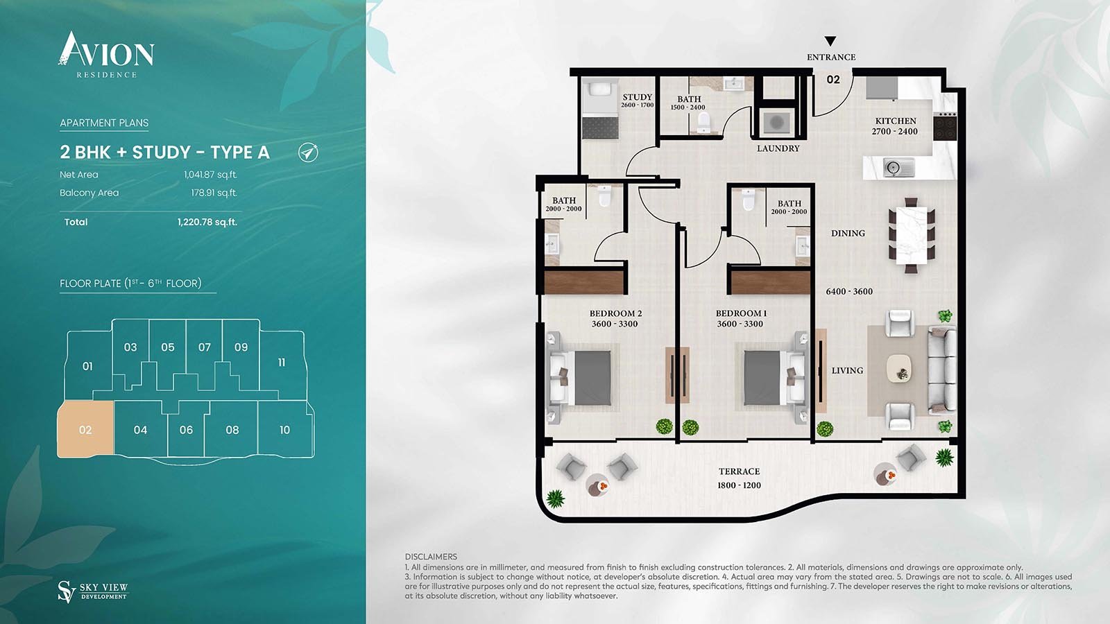 2 Bedrooms + Study floor plan