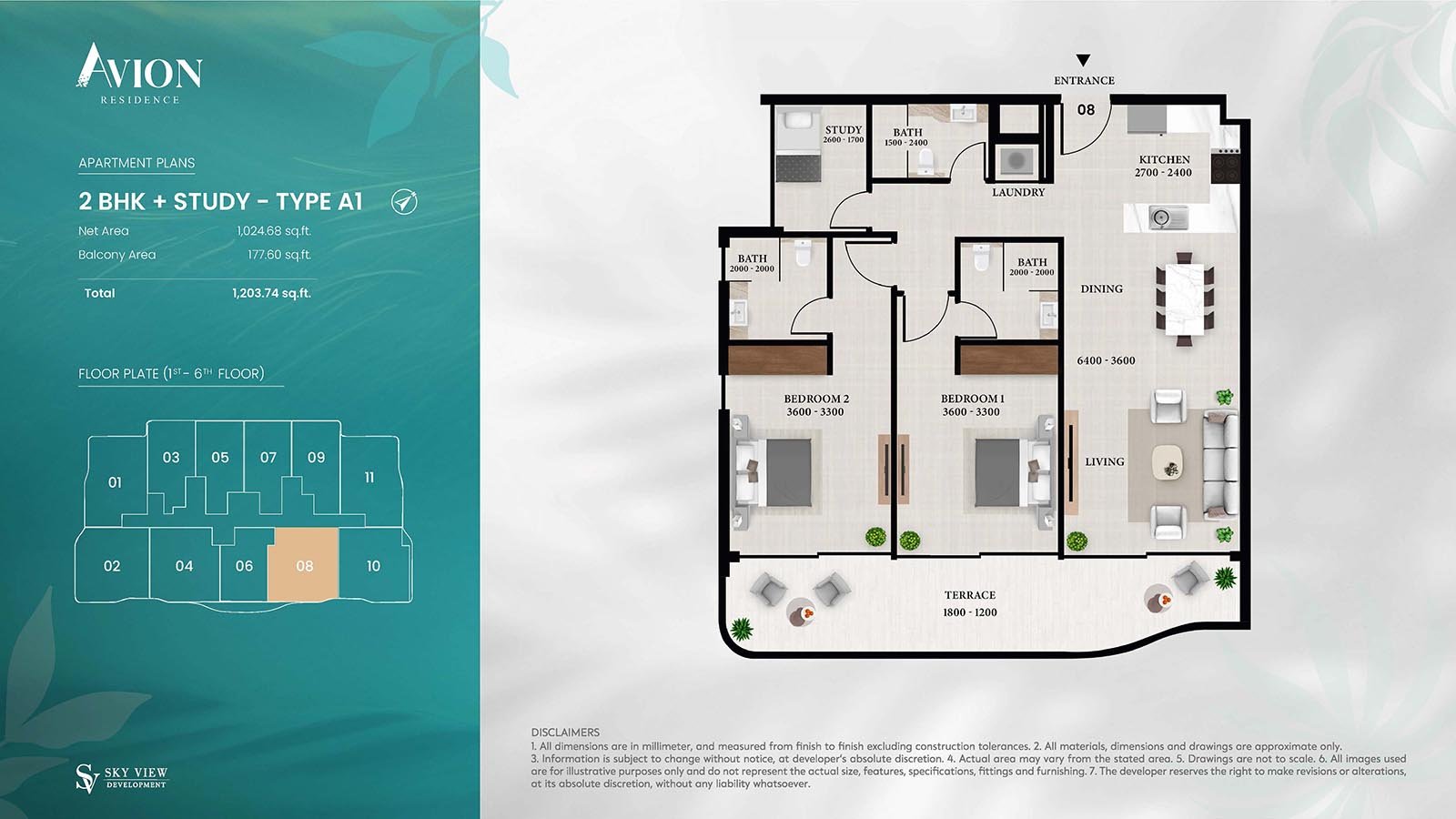 2 Bedrooms + Study floor plan