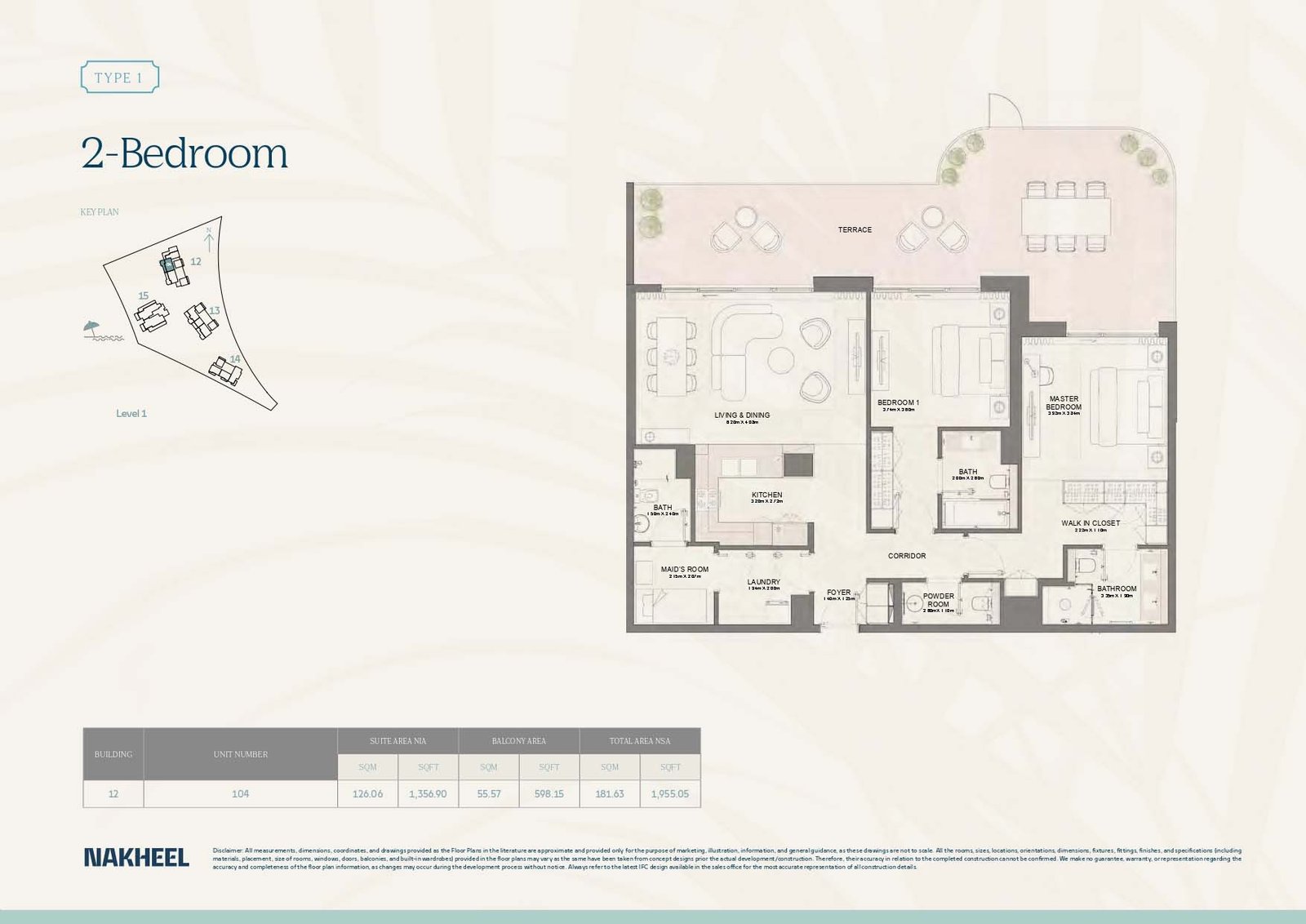 2 Bedrooms + Maid floor plan