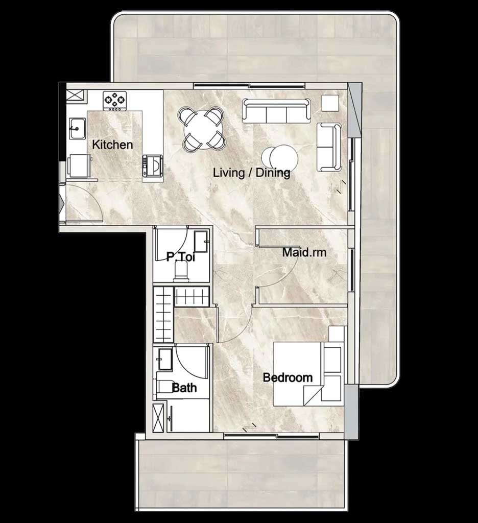 1 Bedroom + Maid floor plan