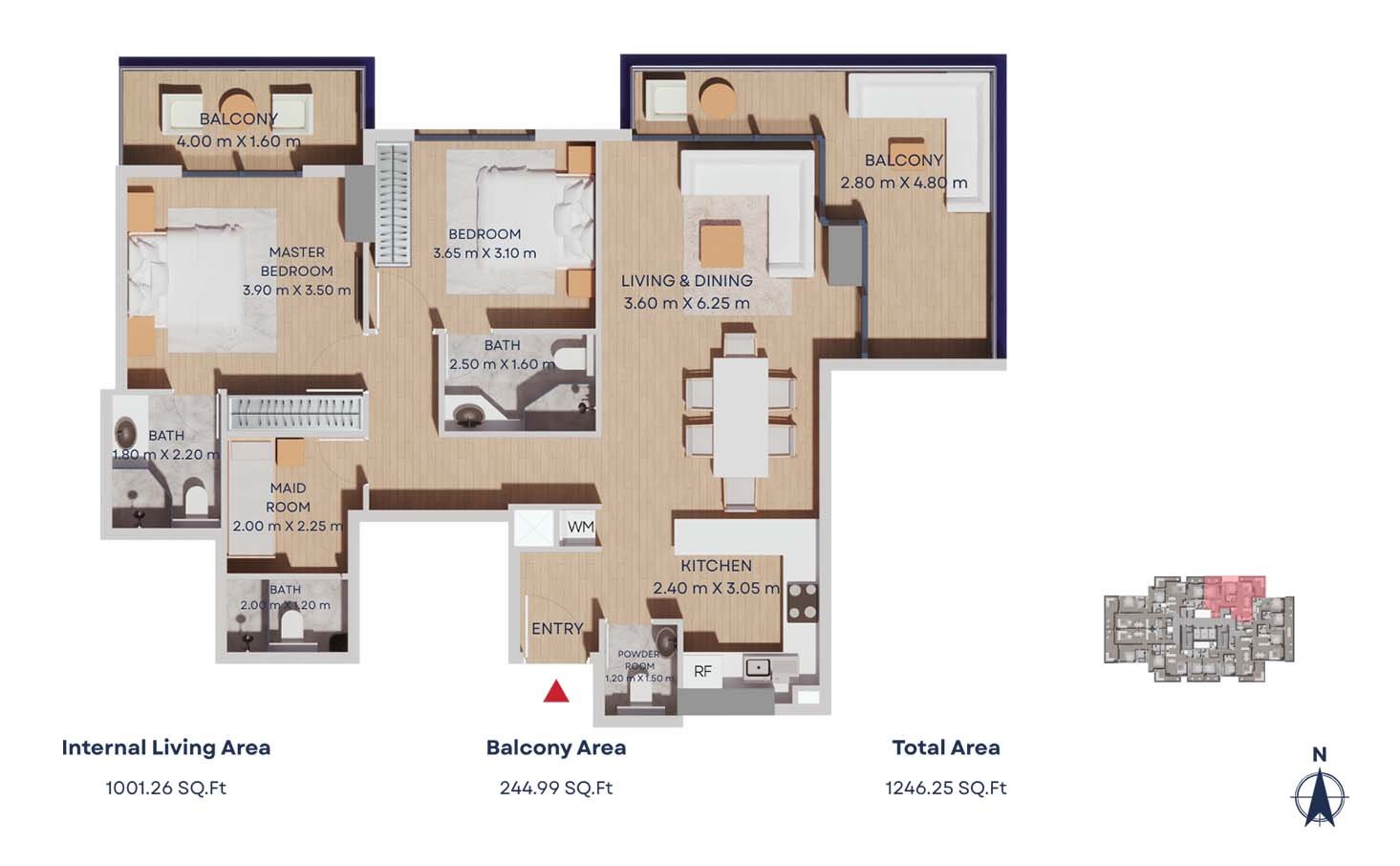 Manam Pearl 2 Bedrooms + Maid Type 1 floor plan