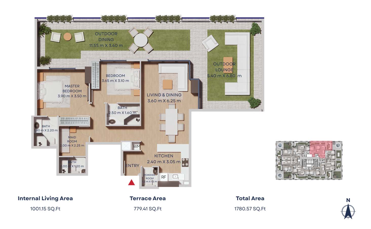 2 Bedrooms + Maid floor plan