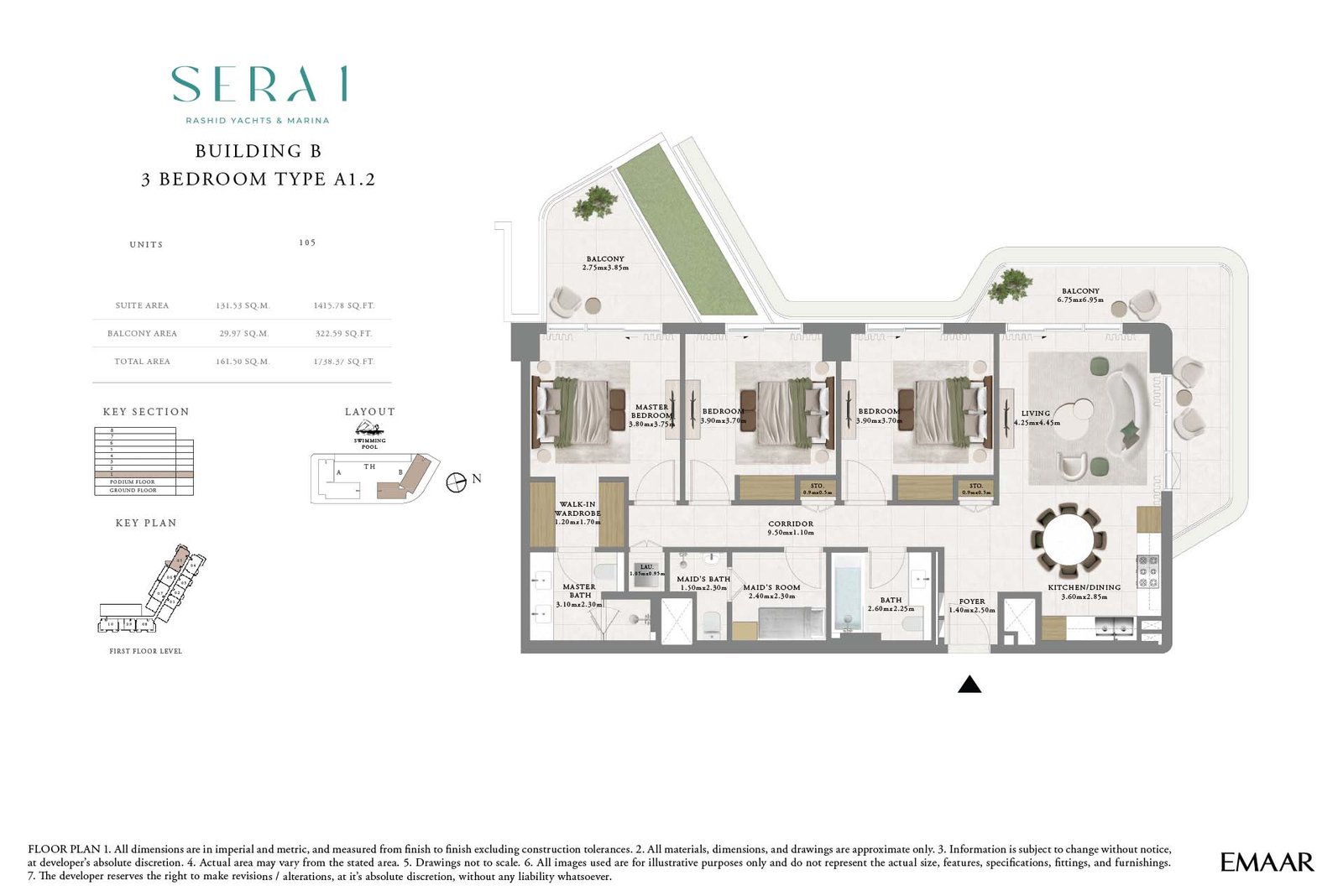 3 Bedrooms + Maid floor plan