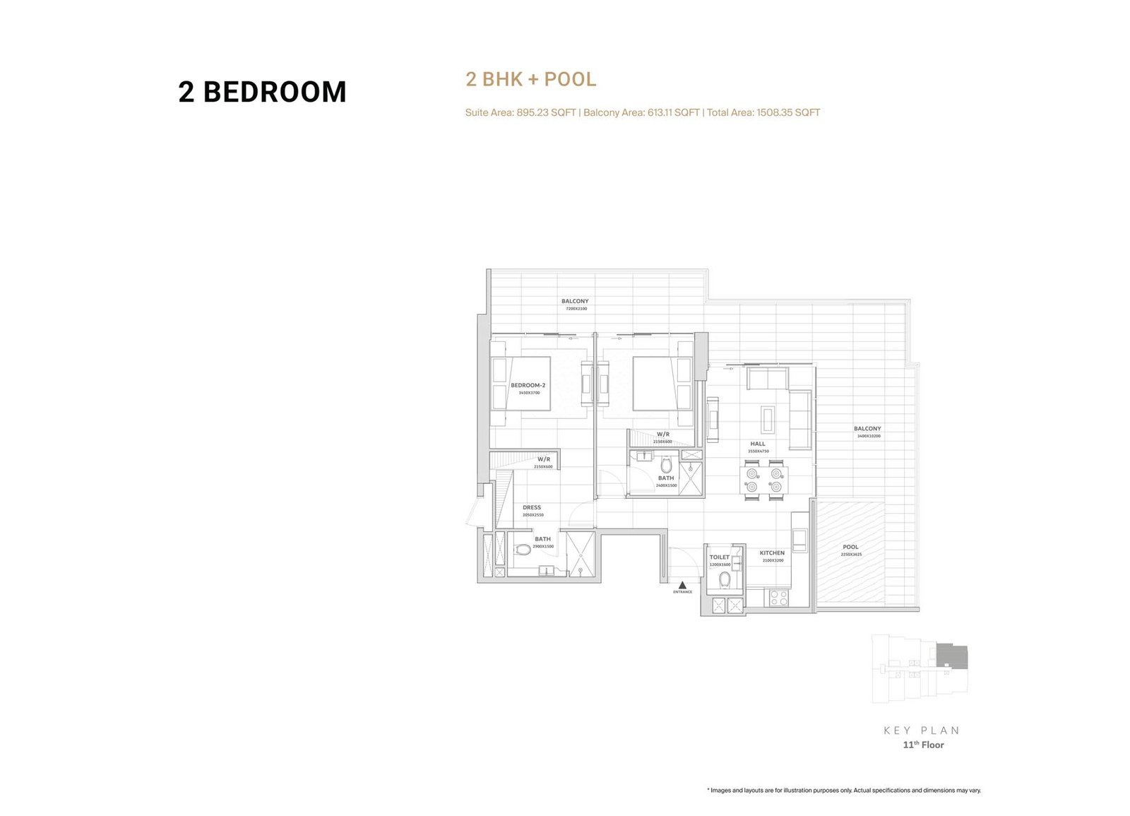 2 Bedroom + Pool floor plan