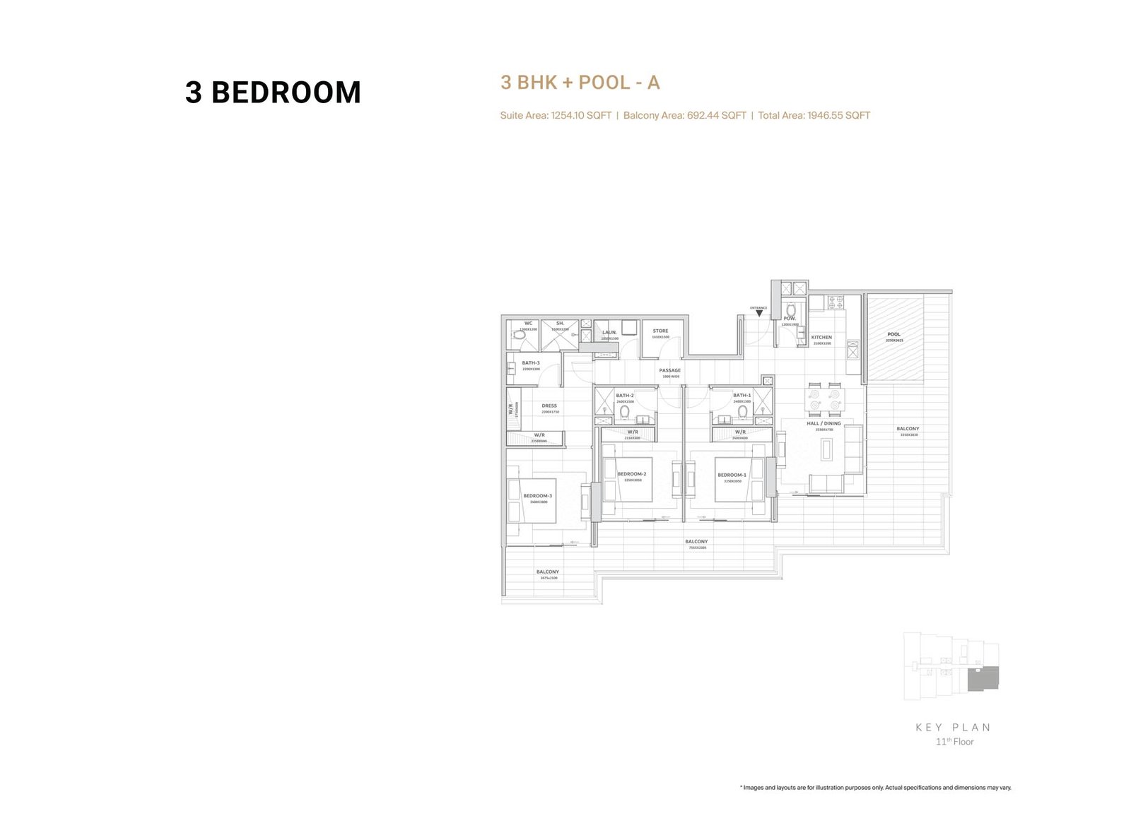 3 Bedroom + Pool floor plan