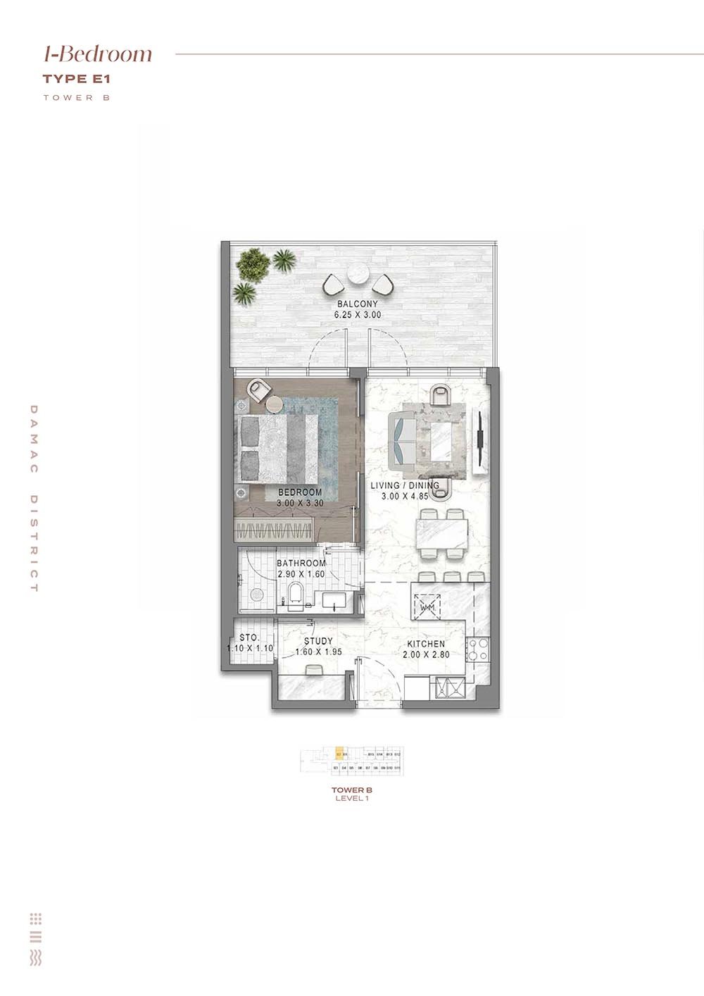 1 Bedroom + Study floor plan