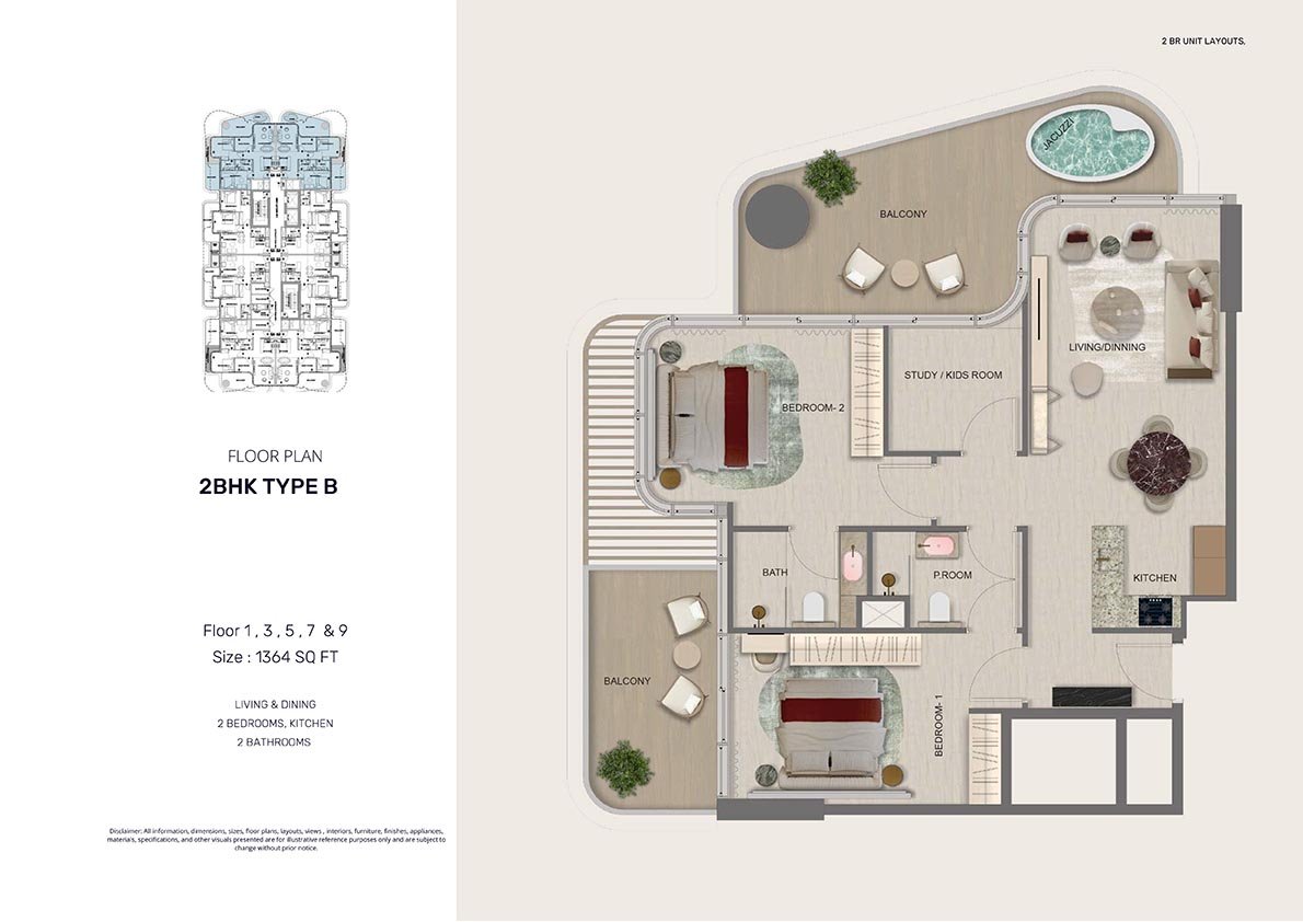 2 Bedrooms + Study floor plan